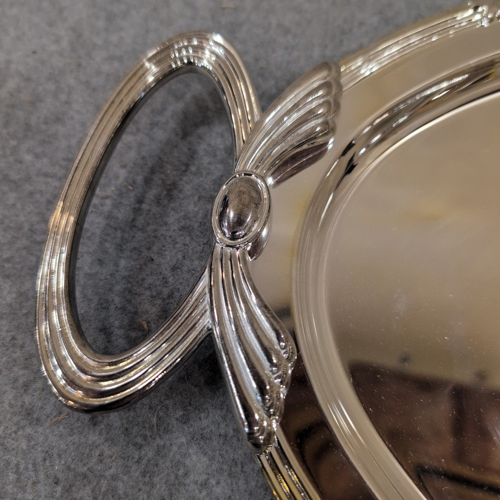 Silver Tone Oval Serving Tray with Decorative Handles Polished Mirror Finish - Picture 2 of 6